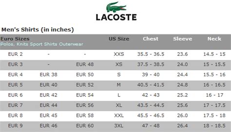 lacoste size conversion chart.